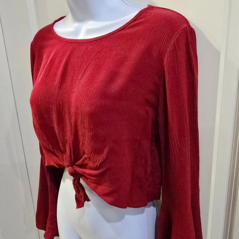 Windsor ✦ Red Flare Sleeve Crop Top ✦ Tie‑Front Textured Boho Style Made in USA - Picture 5 of 15